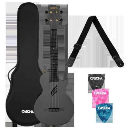 CASCHA Electric Ukulele Carbon Fibre Black Set HH 2258